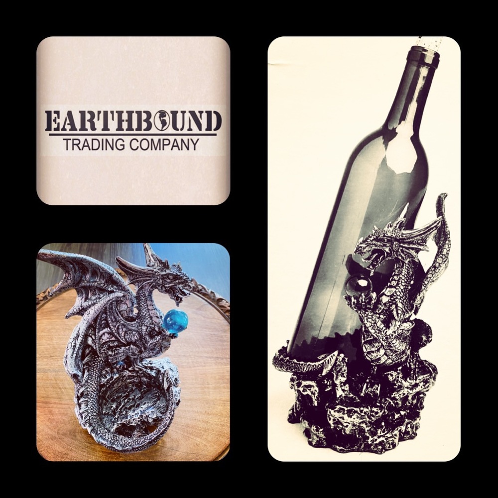🪶3/$50 New! EARTHBOUND Hand Painted Silver Dragon Wine Holder w/ Crystal Ball